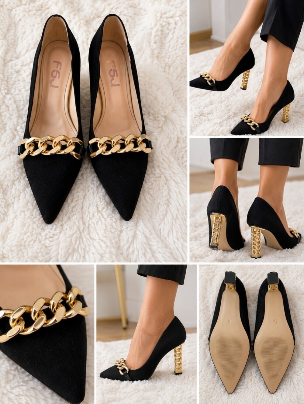 FSJ Black Faux Suede Gold Chain Heel Pumps Size 9 Autumn Wedding